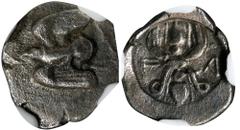 Ancient Coins PELOPONNESOS. Elis. Olympia. AR Obol (0.89 gms), 'Zeus' Mint, 468-460 B.C. NGC Ch VF, Strike: 5/5 Surface: 3/5. HGC-5, 462; BCD Olympia-15. Obverse: Eagle flying left, holding serpent in