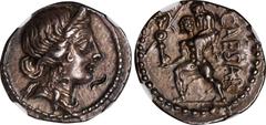 Ancient Coins JULIUS CAESAR. AR Denarius (3.77 gms), Military Mint traveling with Caesar in North Africa, ca. 48-47 B.C. NGC Ch EF, Strike: 5/5 Surface: 2/5. Banker's Mark. Cr-458/1; CRI-55; Syd-1013;