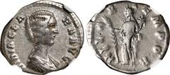 Ancient Coins DIDIA CLARA (DAUGHTER OF DIDIUS JULIANUS). AR Denarius (2.80 gms), Rome Mint, A.D. 193. NGC VF, Strike: 3/5 Surface: 4/5. RIC-10 (Didius); RSC-3. Obverse: Draped bust right; Reverse: Hil