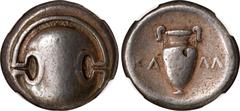 Ancient Coins BOEOTIA. Thebes. AR Stater, ca. 363-338 B.C. NGC Ch F. HGC-4, 1334; SNG Delepierre-1309. Kalli-, magistrate. Boeotian shield; Reverse: Amphora; KA - ΛΛ[I] across field; all within incuse