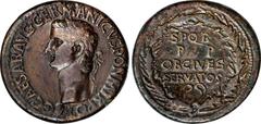 Ancient Coins CALIGULA, A.D. 37-41. AE Sestertius (25.44 gms), Rome Mint, ca. A.D. 37-38. GOOD VERY FINE. RIC-37. Obverse: laureate head of Caligula left; Reverse: S P Q R / P P / OB CIVES / SERVATOS 