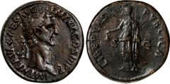 Ancient Coins NERVA, A.D. 96-98. AE Sestertius (21.85 gms), Rome Mint, A.D. 97. CHOICE VERY FINE, tooled. RIC-100. Obverse: Laureate head right; Reverse: Libertas standing left, holding pileus and sce