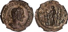Ancient Coins MACRINUS, A.D. 217-218. AR Denarius (3.05 gms), Rome Mint, ca. A.D. 217-218. NGC AU, Strike: 4/5 Surface: 5/5. RIC-68; RSC-26. Obverse: Laureate and cuirassed bust of Macrinus right; Rev