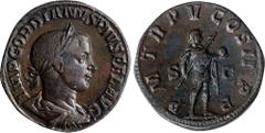 Ancient Coins GORDIAN III, A.D. 238-244. AE Sestertius (20.38 gms), Rome Mint, A.D. 242. CHOICE VERY FINE. RIC-307a. Obverse: laureate, draped and cuirassed bust of Gordian III right; Reverse: Gordian