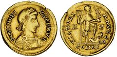 ANCIENT COINAGE-ROMAN EMPIRE HONORIUS, 393-423. AV Solidus (4.36 gms), Ravenna Mint, 402-406. RIC-1287; Ranieri-11. Diademed bust of Honorius right./Honorius standing right holding standard and Victor