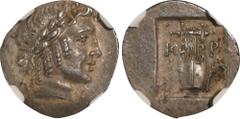 LYCIA. Lycian League. Kragos. AR Hemidrachm (1.89 gms), ca. 48-42 B.C. NGC MS, Strike: 5/5 Surface: 4/5. SNG von Aulock-4298. Obverse: Laureate head of Apollo facing right; Reverse: Cithara with four 
