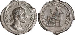 MACRINUS, A.D. 217-218. AR Denarius, Rome Mint. NGC EF. RIC-94; RSC-128. Obverse: Laureate and cuirassed bust right; Reverse: Securitas seated left, holding scepter; altar to left. An attractive and m