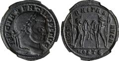 MAXENTIUS, A.D. 306-312. BI Nummus (6.57 gms), Ostia Mint, A.D. 309-312. NGC AU★, Strike: 5/5 Surface: 5/5. RIC-35. Obverse: Laureate bust right; Reverse: Castor and Pollux, nude save for chalmys, sta