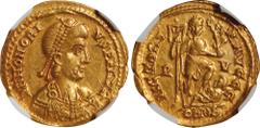 HONORIUS, A.D. 393-423. AV Solidus (4.44 gms), Ravenna Mint, A.D. 402-406. NGC AU, Strike: 4/5 Surface: 4/5. Die Shift. RIC-1287. Obverse: Diademed, draped and cuirassed bust of Honorius right; Revers