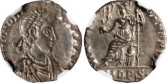 HONORIUS, A.D. 393-423. AR Siliqua (1.35 gms), Mediolanum Mint, A.D. 402. NGC Ch AU, Strike: 5/5 Surface: 4/5. RIC-1228; RSC-59B. Obverse: Pearl-diademed, draped, and cuirassed bust right; Reverse: Ro