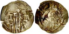 Obce. Bizancjum, Andronicus II i Michael IX 1295-1320, Hyperpyron, Konstantynopol.Sear 2496, złoto, waga 3,83 g., menniczo pęknięty krążek, Av.: Centralnie półpostać Matki Boskiej, dookoła mury miejsk