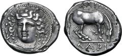 Greek Thessaly, Larissa AR Drachm. Circa 356-342 BC. Head of the nymph Larissa facing slightly to left, with hair in ampyx / Horse standing to right, preparing to lie down; ΛAPIΣ-AIΩN above and below.