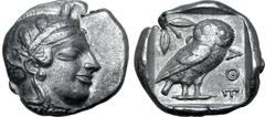 Greek Attica, Athens AR Tetradrachm. Circa 460-454 BC. Late "transitional" issue. Head of Athena to right, wearing crested Attic helmet ornamented with three olive leaves above visor and spiral palmet
