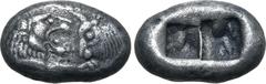 Greek Kingdom of Lydia, Kroisos AR Siglos. Sardes, circa 561-564 BC. Confronted foreparts of lion to right and bull to left / Two incuse square punches of unequal size. GRPC Lydia S3; Rosen 663-5; SNG