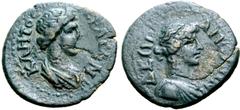 Greek Lydia, Apollonis Æ 17mm. Pseudo-autonomous issue, circa 1st century AD. AΠOΛΛΩNIΔE, draped bust of Apollo to right / IEPA CVNKΛHTOC, draped bust of the Senate to right. GRPC Lydia 13; RPC II Sup