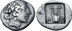 Greek Lykian League, Kragos AR Hemidrachm. 44-18 BC. Laureate head of Apollo to right; Λ behind, Y before / Kithara; K-P across fields; all within shallow incuse square. Troxell, Lycia, Period IV, 84;