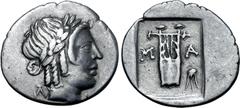 Greek Lykian League, Masikytes AR Hemidrachm. Circa 28-18 BC. Laureate head of Apollo to right; Λ behind, Y before / Kithara; M-A across fields, tripod in lower right field; all within shallow incuse 