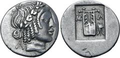 Greek Lykian League, Masikytes AR Hemidrachm. Circa 28-18 BC. Laureate head of Apollo to right; Λ behind, Y before / Kithara; M-A across fields, tripod in lower right field; all within shallow incuse 