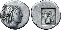 Greek Lykian League, Masikytes AR Hemidrachm. Circa 28-18 BC. Laureate head of Apollo to right; Λ behind, Y before / Kithara; M-A across fields, tripod in lower right field; all within shallow incuse 
