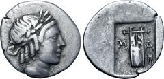 Greek Lykian League, Masikytes AR Hemidrachm. Circa 28-18 BC. Laureate head of Apollo to right; Λ behind, Y before / Kithara; M-A across fields, tripod in lower right field; all within shallow incuse 