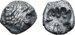 Greek Persia, Achaemenid Empire AR 1/48 Stater. Time of Kyros - Darios I, in the types of Kroisos. Sardes, circa 550-520 BC. Head of roaring lion to right / Irregular incuse punch. GRPC Lydia S13 = Na
