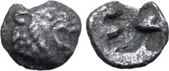 Greek Persia, Achaemenid Empire AR 1/48 Stater. Time of Kyros - Darios I, in the types of Kroisos. Sardes, circa 550-520 BC. Head of roaring lion to right / Irregular incuse punch. GRPC Lydia S13 = Na