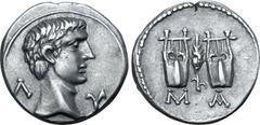Roman Provincial Augustus AR Drachm of Masicytus, Lycia. Circa 27-20 BC. Bare head of Augustus to right; Λ-Y flanking / Two citharas, grain ear between; MA below. RPC I 3309c.1; Troxell Period IV, 122