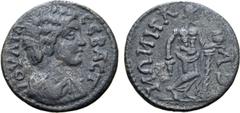 Roman Provincial Julia Domna (wife of S. Severus) Æ 19mm of Sala, Lydia. AD 193-217. IOVLIA CEBACT, draped bust to right / CAΛHNΩN (retrograde), Dionysos standing facing, head to right and with crosse