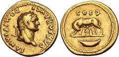 Roman Imperial Domitian, as Caesar, AV Aureus. Rome, AD 77-78. CAESAR AVG F DOMITIANVS, laureate head to right / She-wolf to left, Romulus and Remus suckling; COS V above; boat in exergue. RIC II.1 96