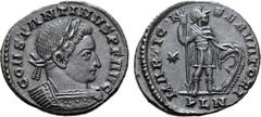 Roman Imperial Constantine I 'the Great' BI Nummus. London, AD 312-313. IMP CONSTANTINVS P F AVG, laureate and cuirassed bust to right / MARTI CONSERVATORI, Mars standing to right, leaning on reversed