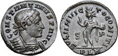 Roman Imperial Constantine I 'the Great' BI Nummus. London, AD 317. CONSTANTINVS P AVG, laureate and cuirassed bust to right / SOLI INVICTO COMITI, Sol standing to left with raised right hand, holding