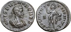 Roman Imperial Crispus, as Caesar, BI Nummus. London, AD 317. CRISPVS NOB CAES, laureate and cuirassed bust to right / SOLI INVICTO COMITI, Sol standing to left with chlamys across shoulder and raised