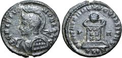 Roman Imperial Crispus, as Caesar, BI Nummus. London, AD 320-321. CRISPVS NOBIL C, helmeted and cuirassed bust to left, holding spear and shield / BEAT TRANQVILLITAS, globe on altar inscribed VOTIS XX