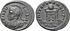 Roman Imperial Crispus, as Caesar, BI Nummus. London, AD 323-324. CRISPVS NOBIL C, helmeted and cuirassed bust to left / BEAT TRANQLITAS, globe on altar inscribed VOTIS XX in three lines; three stars 