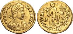 Maritime Honorius AV Solidus. Ravenna, AD 402-406. D N HONORIVS P F AVG, pearl-diademed, draped and cuirassed bust to right / VICTORIA AVGGG, emperor standing facing, head to right, holding standard a