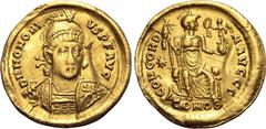 Maritime Honorius AV Solidus. Constantinople, AD 408-420. D N HONORIVS P F AVG, pearl-diademed, helmeted and cuirassed bust facing slightly to right, holding spear and shield decorated with horseman m