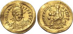 Maritime Theodosius II AV Solidus. Constantinople, AD 441-450. D N THEODOSIVS P F AVG, pearl-diademed, helmeted and cuirassed bust facing slightly to right, holding spear and shield decorated with hor