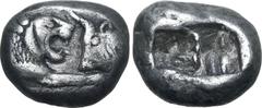 Greek Kingdom of Lydia, Kroisos AR Siglos. Sardes, circa 561-564 BC. Confronted foreparts of lion to right and bull to left / Two incuse square punches of unequal size. GRPC Lydia S3; Rosen 663-5; SNG