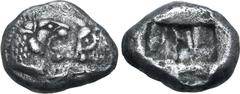 Greek Kingdom of Lydia, Kroisos AR Siglos. Sardes, circa 561-564 BC. Confronted foreparts of lion to right and bull to left / Two incuse square punches of unequal size. GRPC Lydia S3; SNG Kayhan 1024-