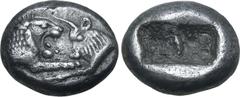Greek Kingdom of Lydia, Kroisos AR 1/3 Stater. Sardes, circa 561-546 BC. Confronted foreparts of lion to right and bull to left / Two irregular incuse squares. GRPC Lydia S5; SNG Keckman 359; Boston M