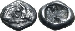 Greek Kingdom of Lydia, Kroisos AR 1/12 Stater. Sardes, circa 561-546 BC. Confronted foreparts of lion to right and bull to left / Incuse square. GRPC Lydia S8; SNG Kayhan 1020-21; SNG von Aulock 2880