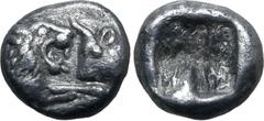 Greek Kingdom of Lydia, Kroisos AR 1/24 Stater. Sardes, circa 561-546 BC. Confronted foreparts of lion to right and bull to left / Incuse punch. GRPC Lydia S9; Berk -; Traité -; SNG Kayhan 1022; Klein