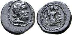 Greek Lydia, Blaundos Æ 15mm. Circa 200-0 BC. Laureate head of Asklepios to right / Hygieia standing facing, holding cornucopiae and touching rearing serpent; MΛAYN-ΔЄѠN to right and left. GRPC Lydia 