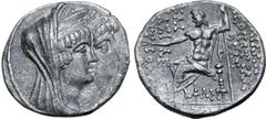 Greek Seleukid Empire, Kleopatra Thea and Antiochos VIII AR Tetradrachm. Damascus, dated SE 192 = 121/0 BC. Jugate busts of Kleopatra, wearing diadem, veil, and stephane, and Antiochos VIII, wearing d