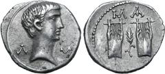 Roman Provincial Augustus AR Drachm of Masicytus, Lycia. 27-20 BC. Bare head to right; Λ-Υ across fields / Two citharas; corn-ear between and MA above. RPC I 3309 var. (rev. arrangement); SNG von Aulo
