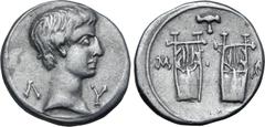 Roman Provincial Augustus AR Drachm of Masicytus, Lycia. 27-20 BC. Bare head to right; Λ-Υ across fields / Two citharas; plectrum above and M-A across fields. RPC I 3309c; SNG von Aulock 4356; Troxell