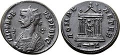 Roman Imperial Probus BI Antoninianus. Rome, AD 276-282. IMP PROBVS P F AVG, radiate and mantled bust to left, holding eagle-tipped sceptre / ROMAE AETER, Roma seated facing in hexastyle temple, holdi