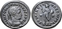 Roman Imperial Constantine I 'the Great' BI Nummus. Treveri, AD 313-315. IMP CONSTANTINVS AVG, laureate and cuirassed bust to right / SOLI INVICTO COMITI, Sol standing facing, head to left, raising ha