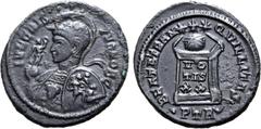Roman Imperial Crispus, as Caesar, BI Nummus. Treveri, AD 323. IVL CRISPVS NOB CAES, half-length bust to left, wearing ornate crested helmet and cuirass decorated with head of Medusa, holding Victory 