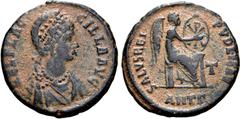 Roman Imperial Aelia Flaccilla (wife of Theodosius I) Ӕ 23mm. Antioch, AD 383-386. AEL FLACCILLA AVG, draped bust to right / SALVS REIPVBLICAE, Victory seated to right on column, holding shield set on
